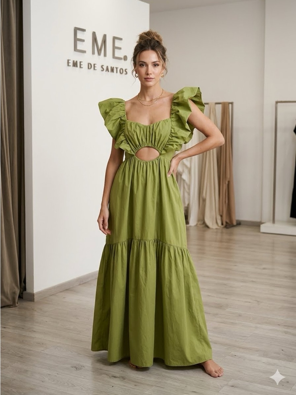 Ina Olive Green Ruffle Sleeve Maxi Dress with Front Cutout Size M 100% Cotton
